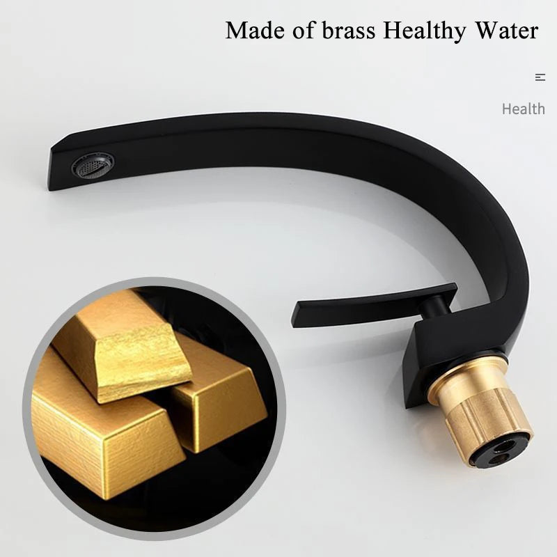 Bathroom Basin Faucet Arc Waterfall Tap Deck Mount Single Handle Single Hole Cold Hot Water Mixer Washing Sink Crane