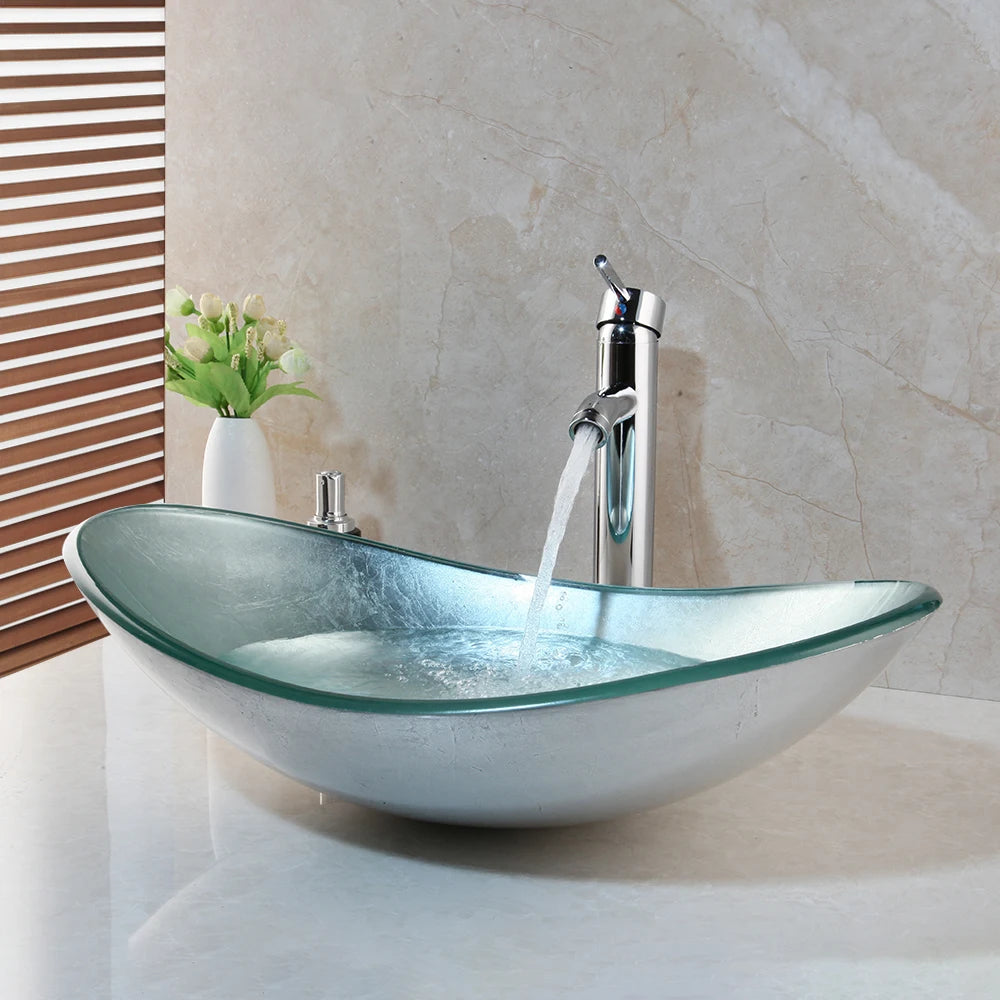 Tempered Glass Washbasin with Waterfall Faucet Mixer