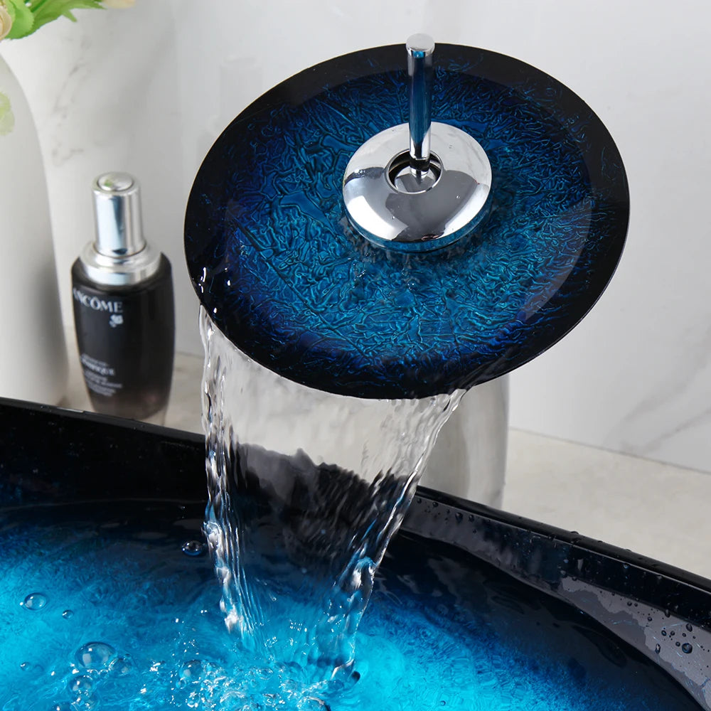 Tempered Glass Oval Blue Vessel Sink