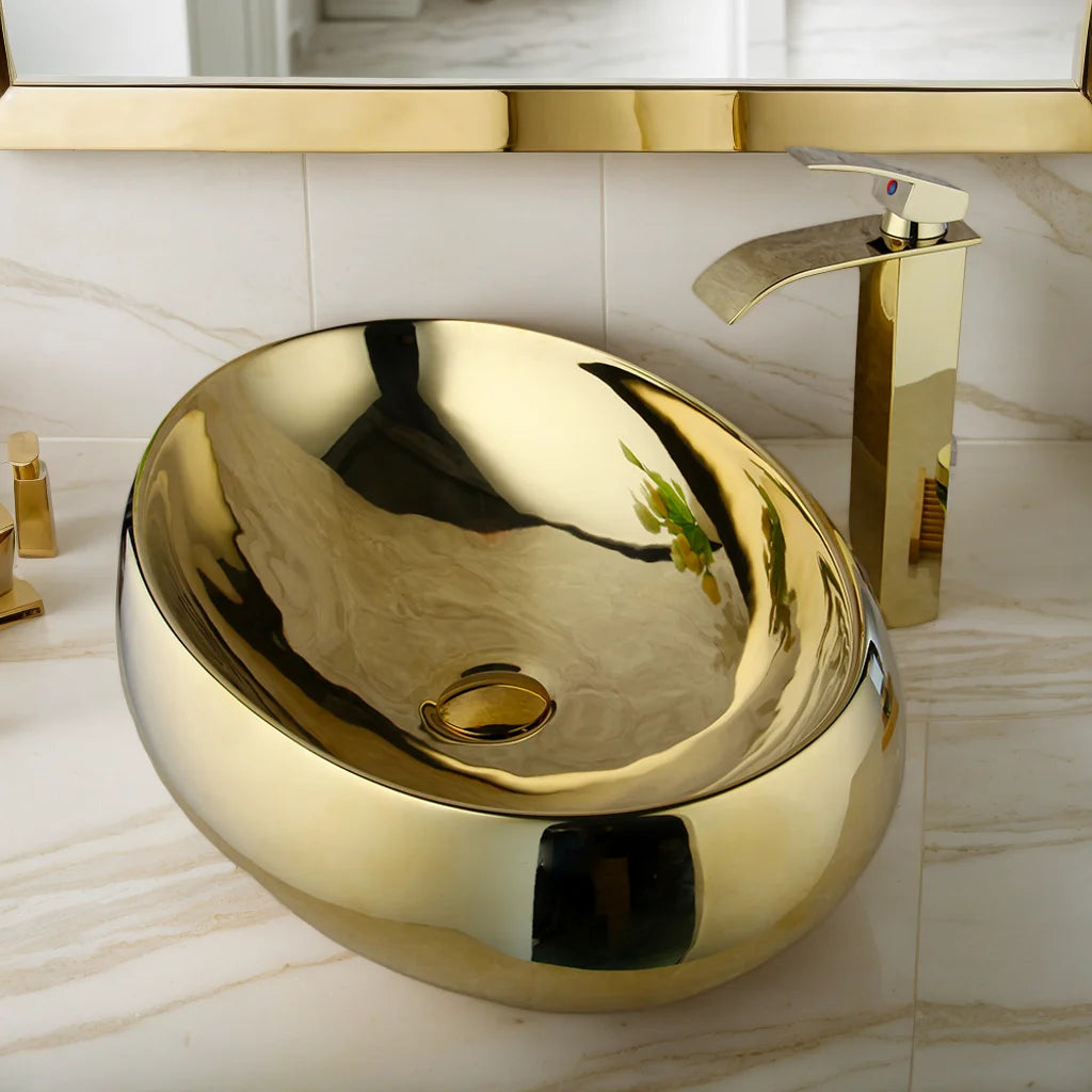 Gold Ceramic Bathroom Vessel Sink  Sink Bowl w/ Waterfall Faucet and Drain Combo
