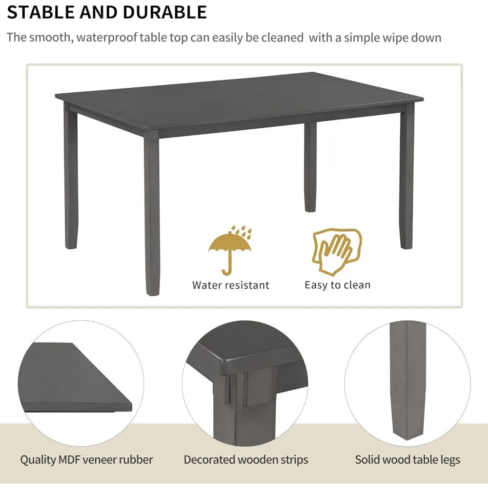 6-piece rectangular wooden kitchen dining set with 4 cushioned chairs and 1 bench