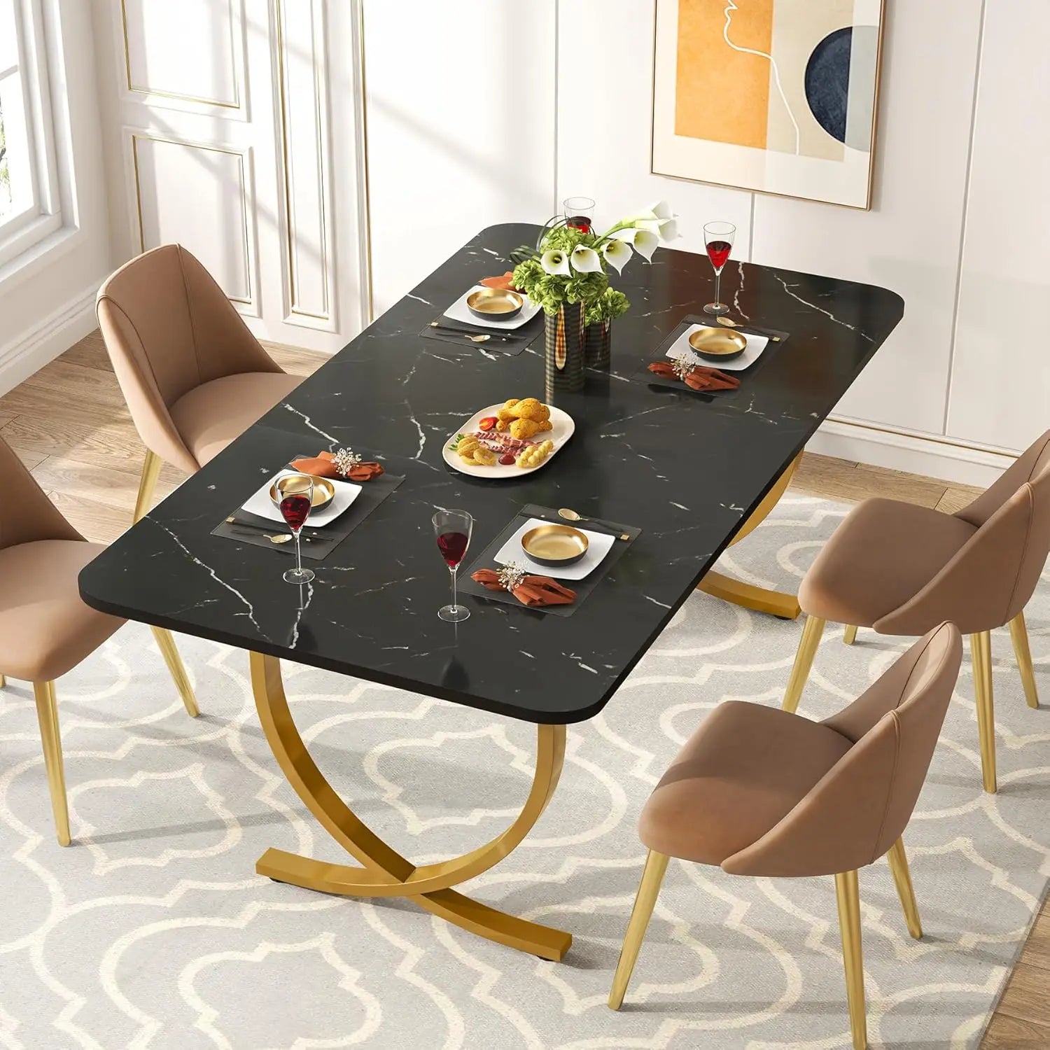 Rectangular Faux Marble Dining Table for 4 to 6