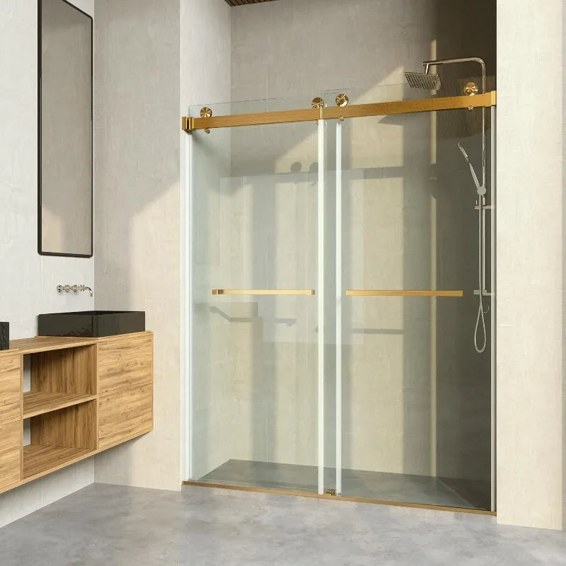 Brushed Gold Shower Door Frameless, 50-54" W Towel Bar/10mm Clear Glass