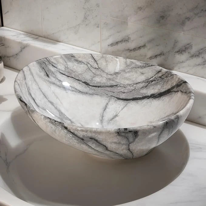 Marbling Oval Vessel Sink Bathroom Ceramic Sink Above Counter Porcelain Basin Bowl
