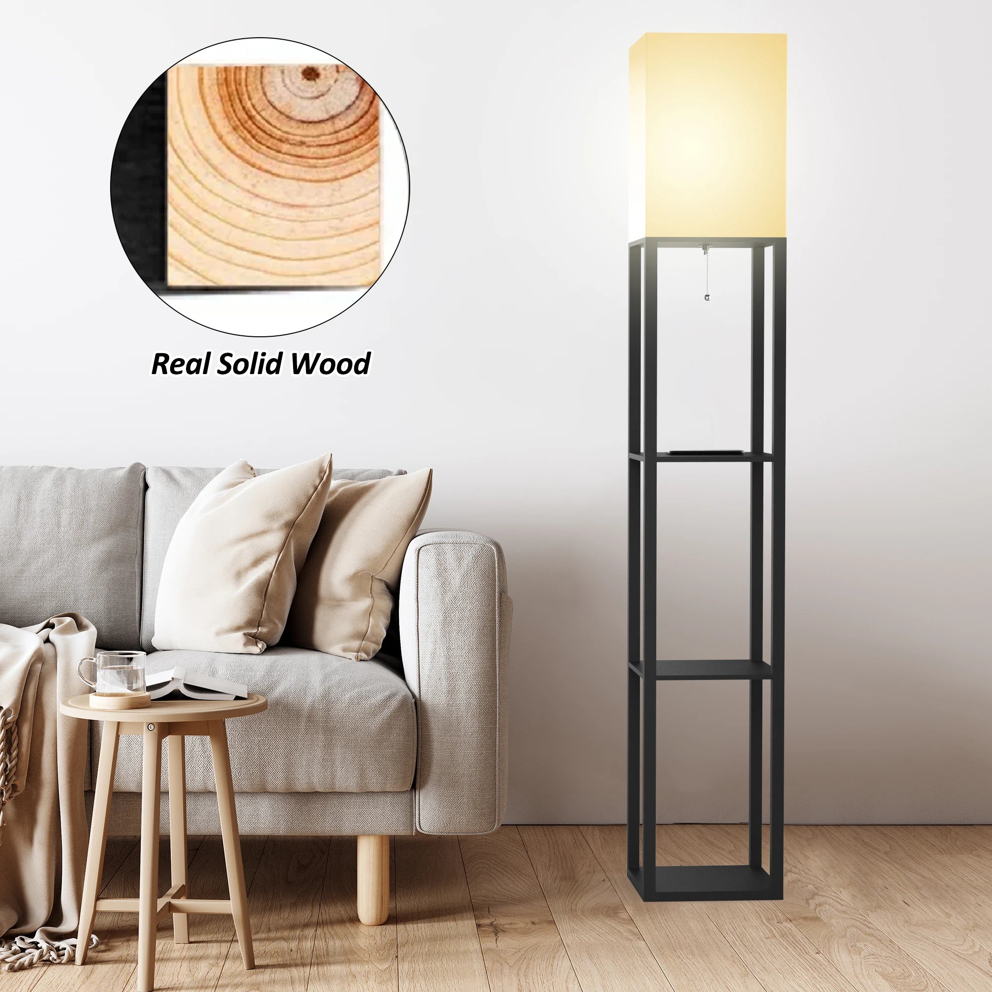 Real Wood Column Floor Lamp with Shelves