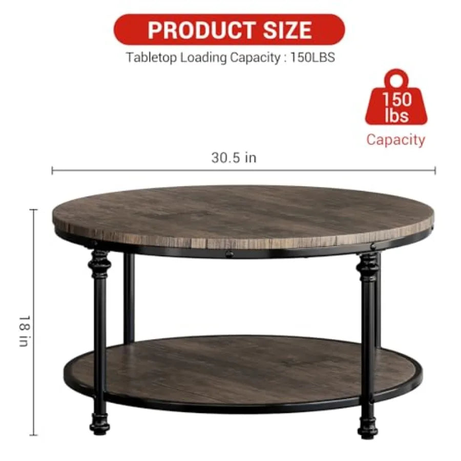 Round Coffee Table 30.3 with 2Tier Rustic Wood Desktop and Hidden Storage Shelf Modern Metal Roman Legs Design for Living Room
