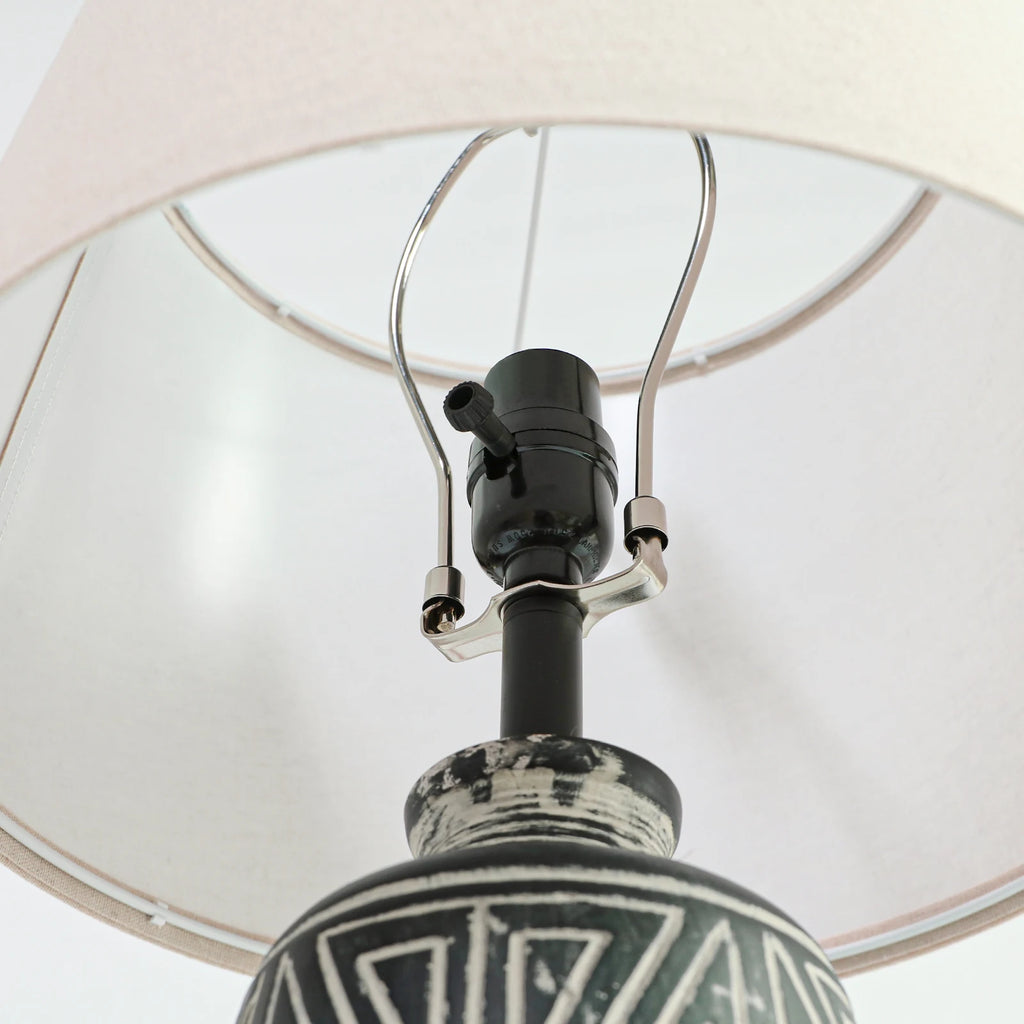 Carved Geometric Ceramic Table Lamp With Linen Shade with Rustic Accent