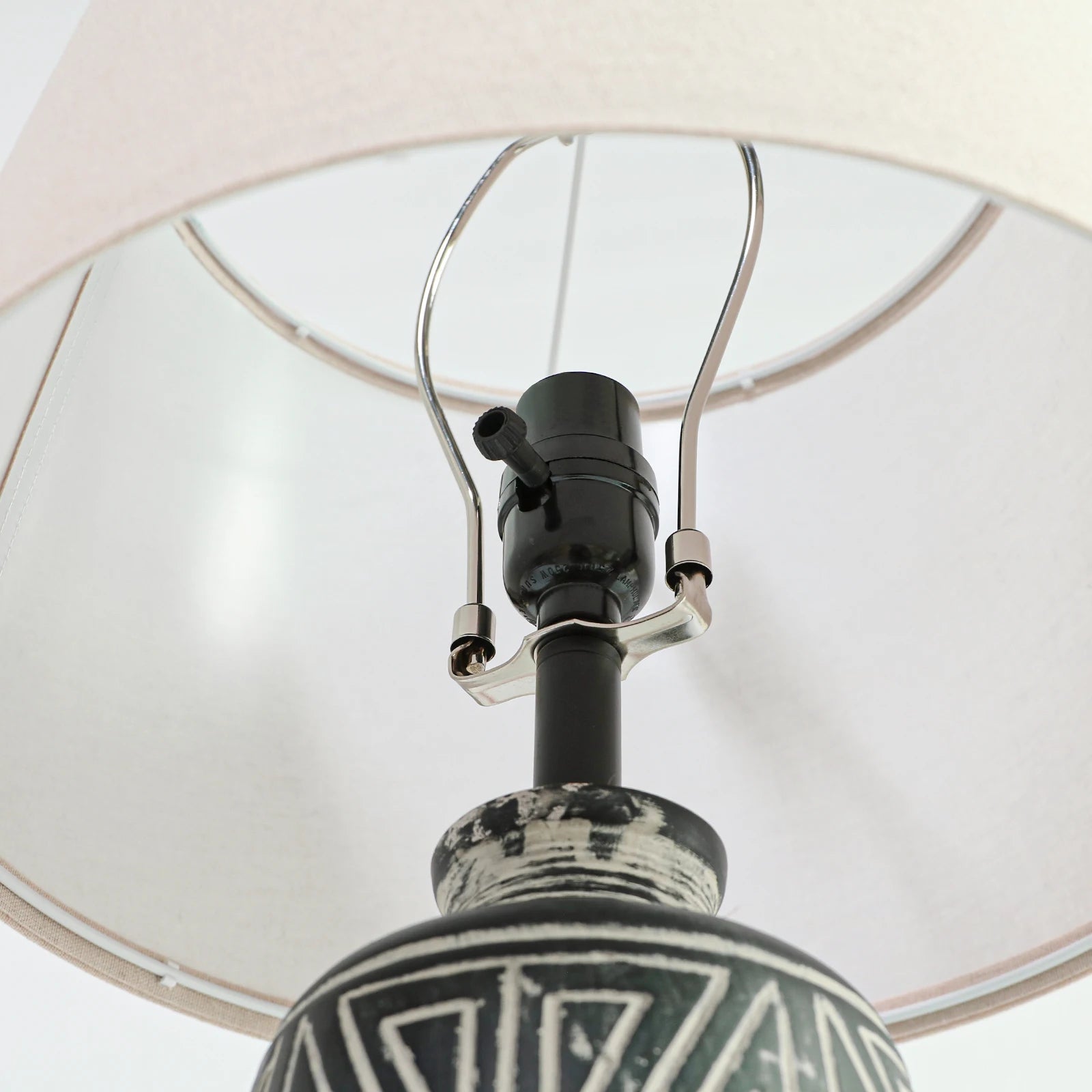 Carved Geometric Ceramic Table Lamp With Linen Shade with Rustic Accent