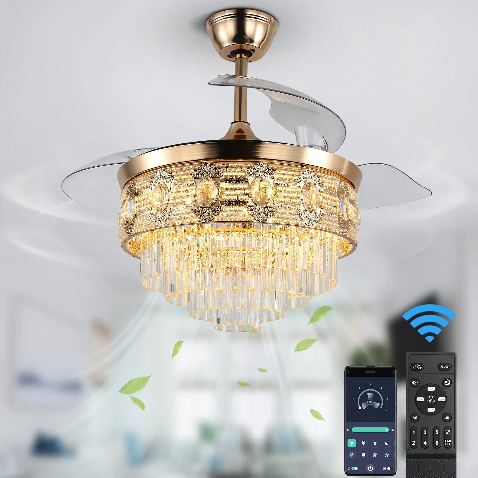 Modern Smart Ceiling Fan Chandelier Gold RC Adjustable 6 Speed