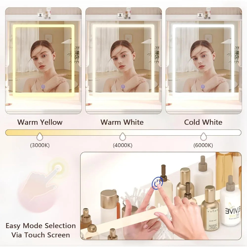 White Makeup Vanity Table with Charging Station, Mirror and Lights