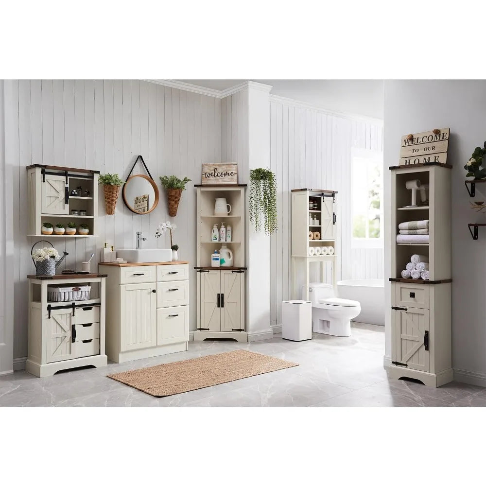 Bathroom Floor Cabinet w/Sliding Barn Door & Storage Drawers