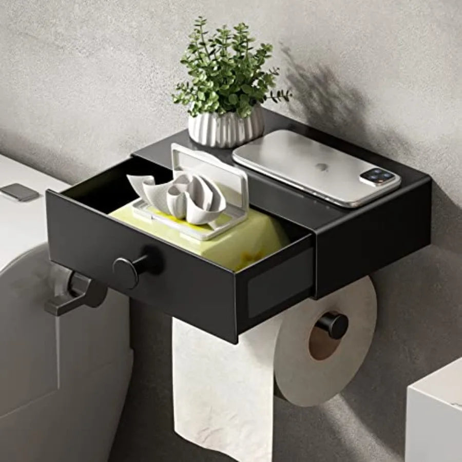 Matte Black WallMounted Toilet Paper Holder with Integrated Shelf and Storage Drawer