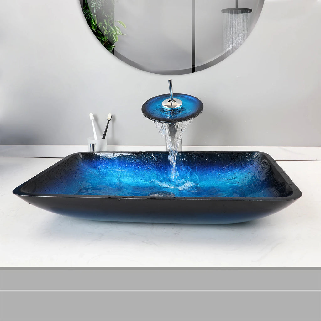 Tempered Glass Oval Blue Vessel Sink