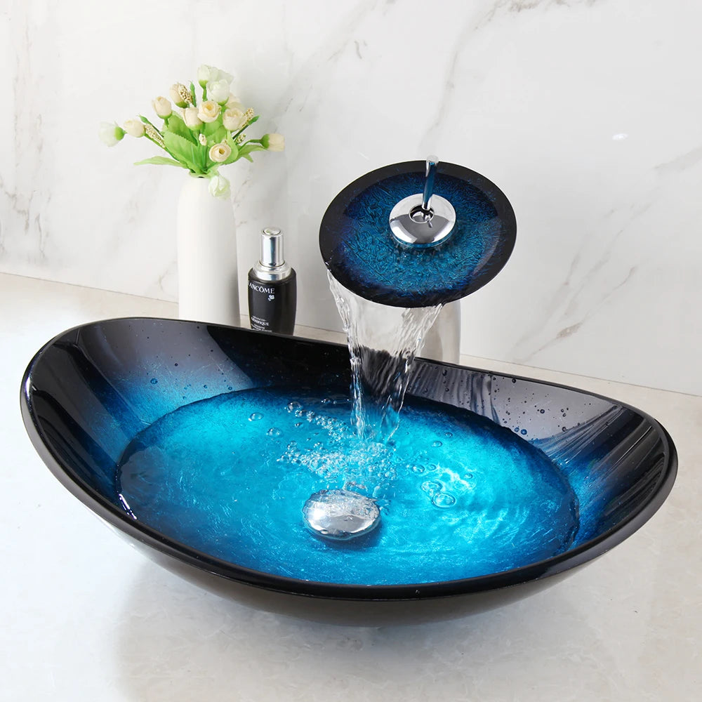 Tempered Glass Oval Blue Vessel Sink