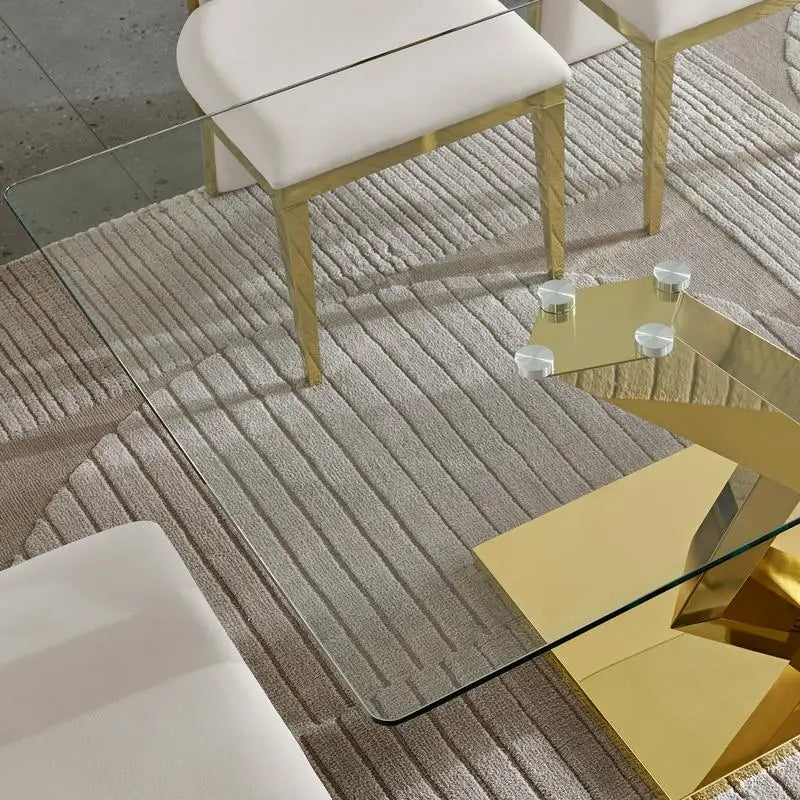 Gold Stainless Steel Dining Table with Clear Tempered Glass Top