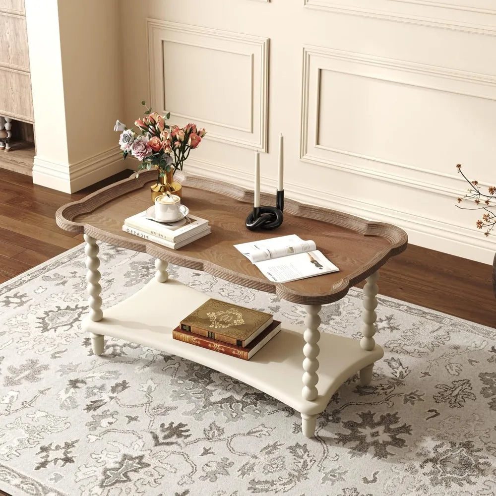 Rustic White French-Style Farmhouse Coffee Table with Storage Shelf for Living Room