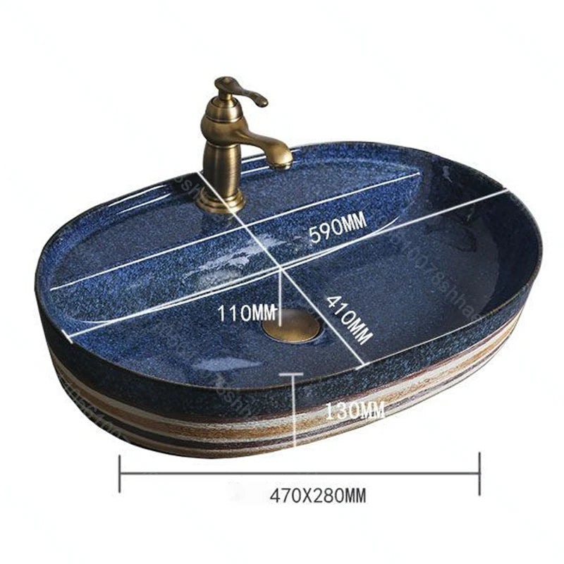 Vintage Ceramic Vessel Sink Oval Bathroom Art Countertop Basin