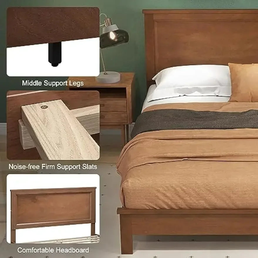 Wood Queen Platform Bed Frame with Headboard Walnut