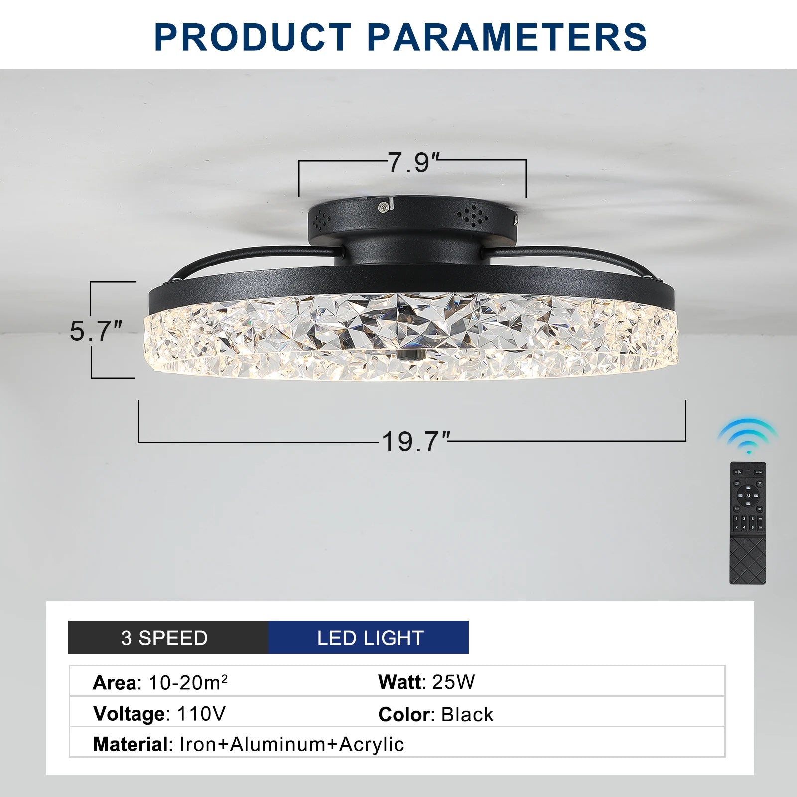 Modern acrylic black ceiling fan light with remote control