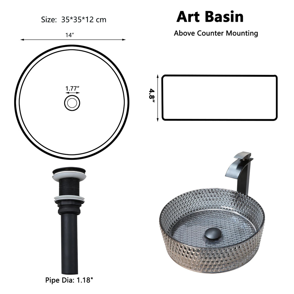 Crystal Grey Tempered Glass Basin Bowl with Faucet