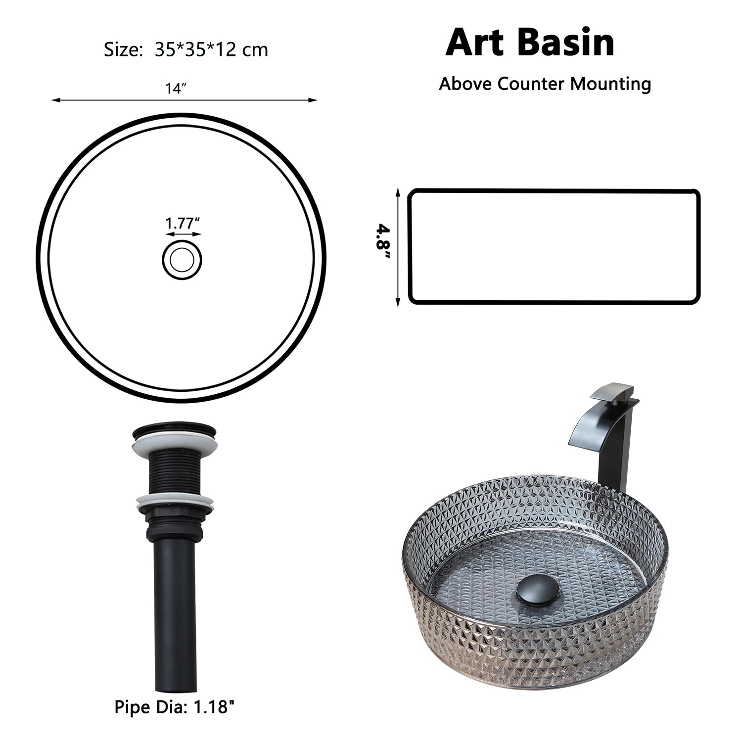 Crystal Grey Tempered Glass Basin Bowl with Faucet