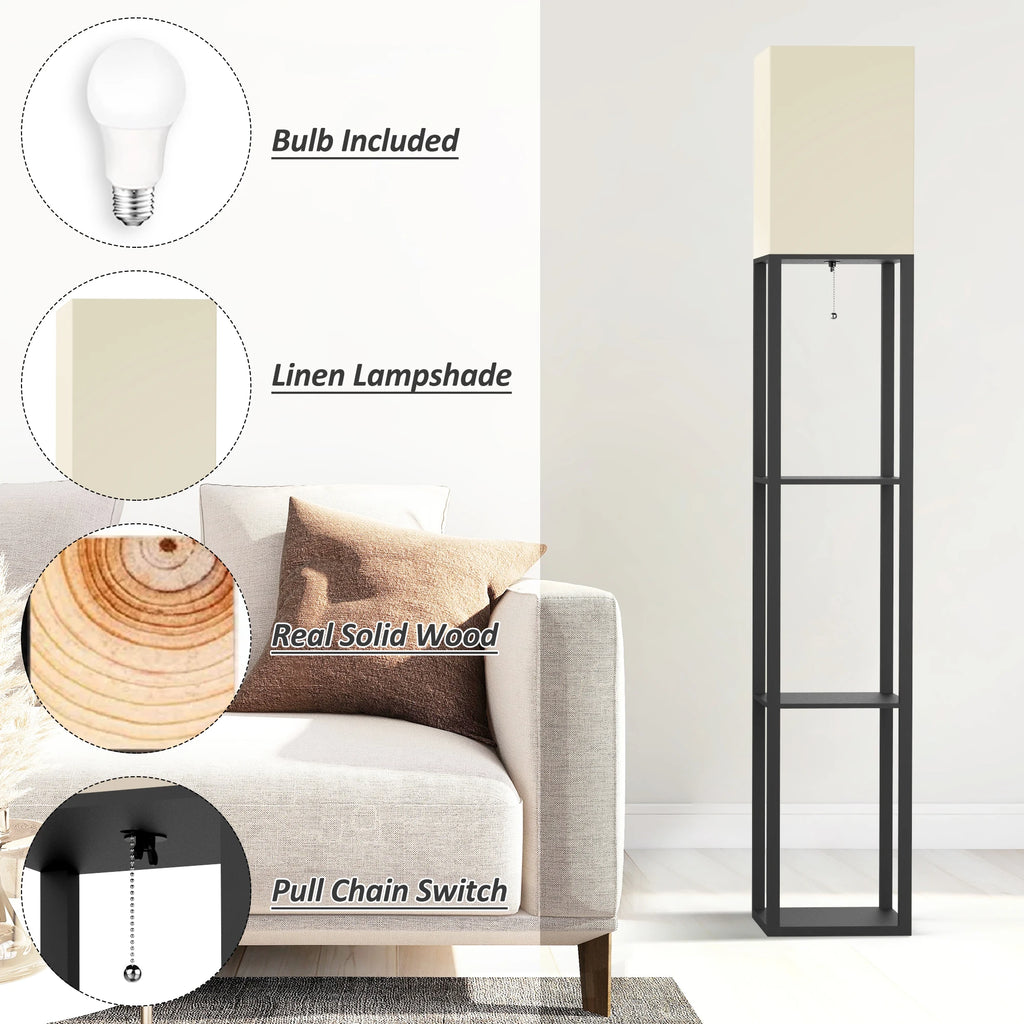 Real Wood Column Floor Lamp with Shelves