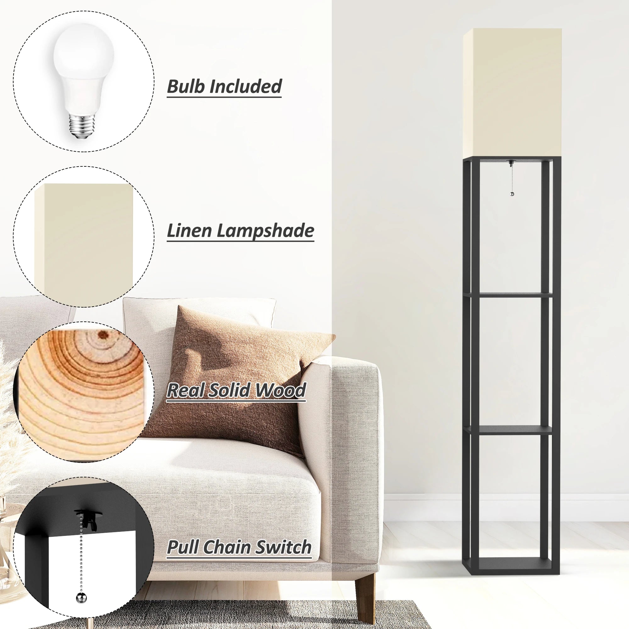 Real Wood Column Floor Lamp with Shelves