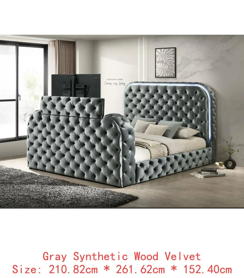 Velvet Eastern King Bed with LED, Fireplace & TV Stand