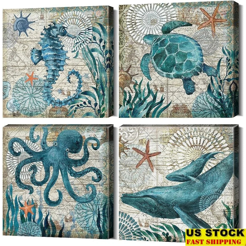 Ocean Sea Turtle Octopus Whale Canvas Wall Art