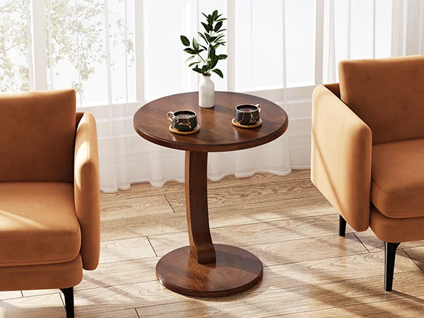 Round End Table, Wood C-Shaped Side Table