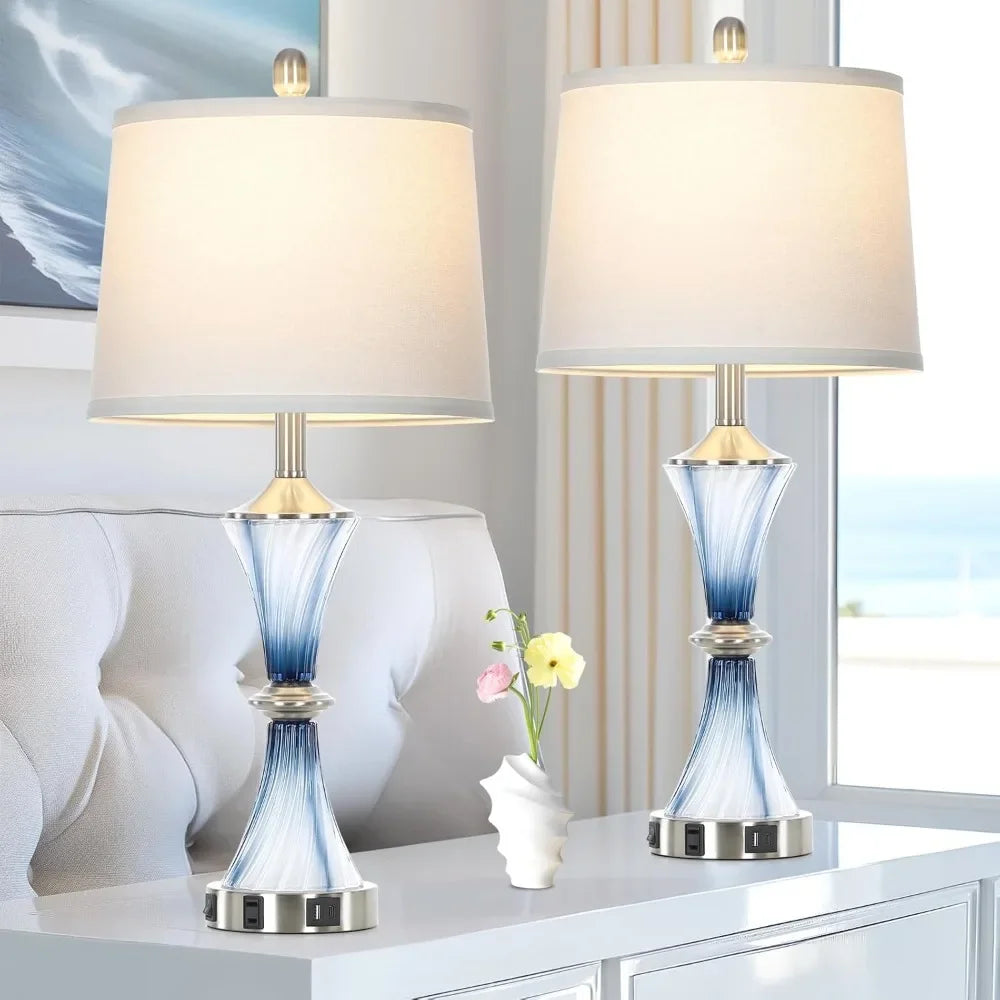 Blue Glass Table Lamp (Set Of 2) W/USB C+A Ports