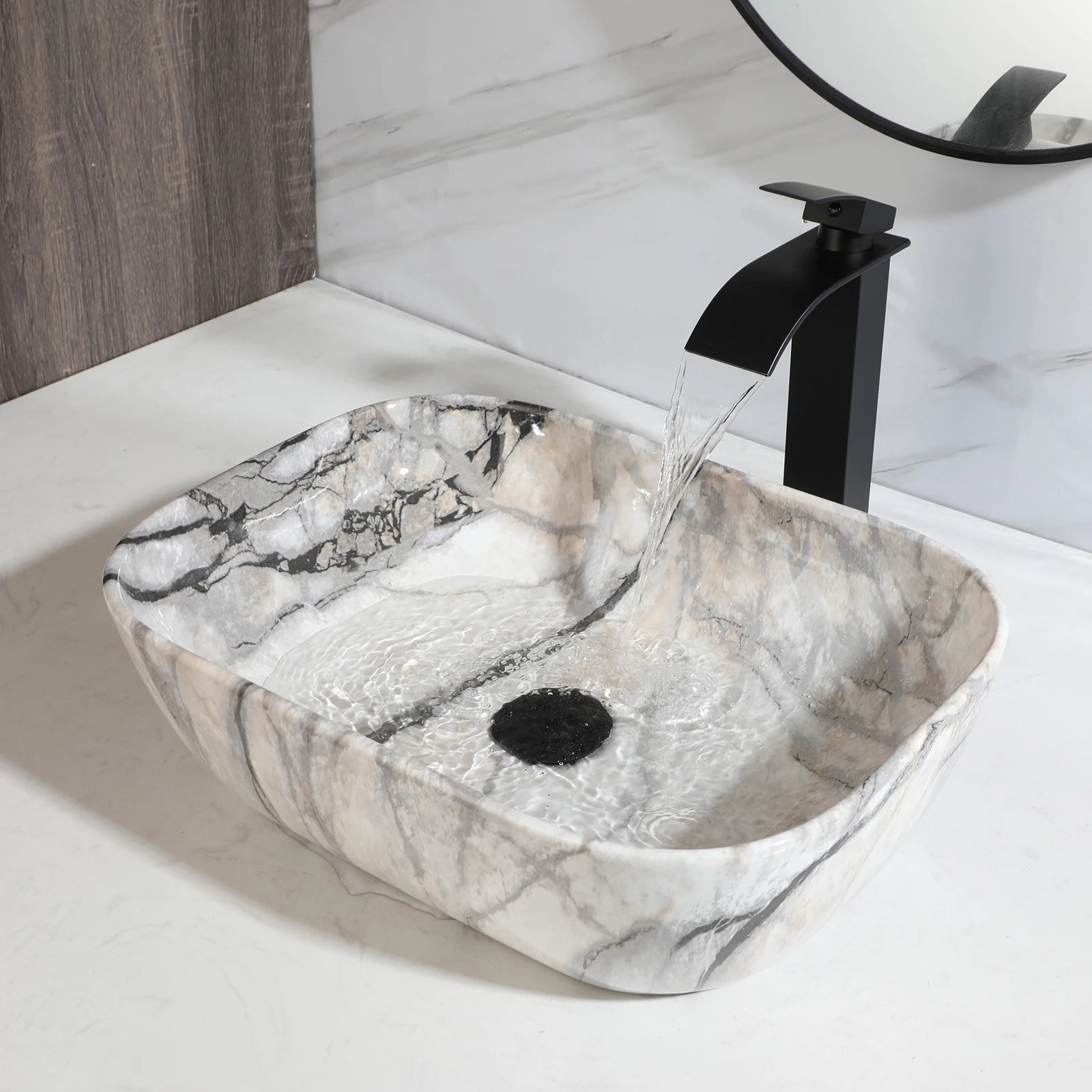 Imitation Marble Style Sink Set Ceramic Basin w/Black Sink Faucets