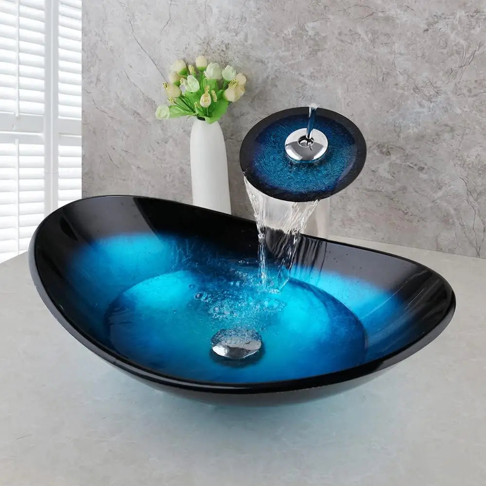 Tempered Glass Oval Blue Vessel Sink