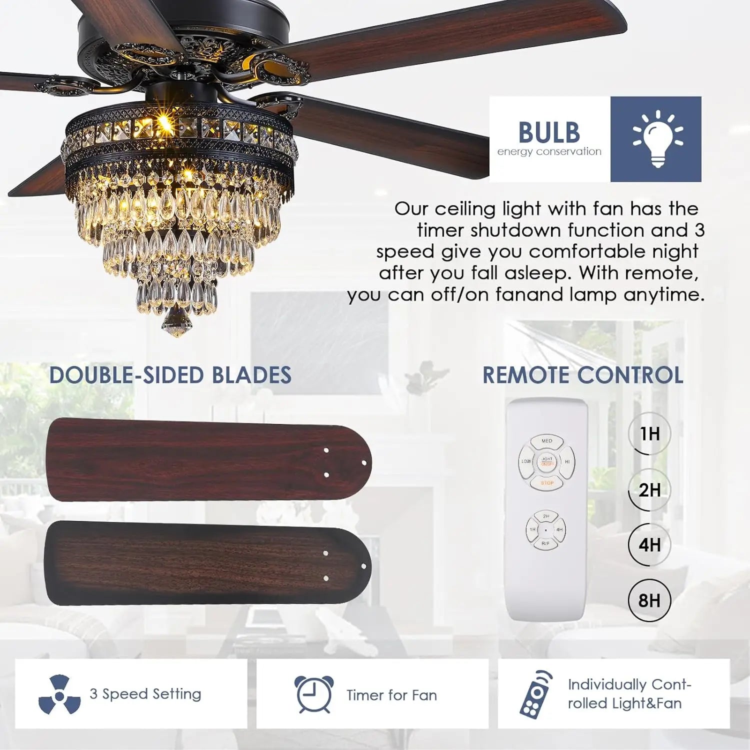 Crystal Ceiling Fan Fandelier with Lights - 52"