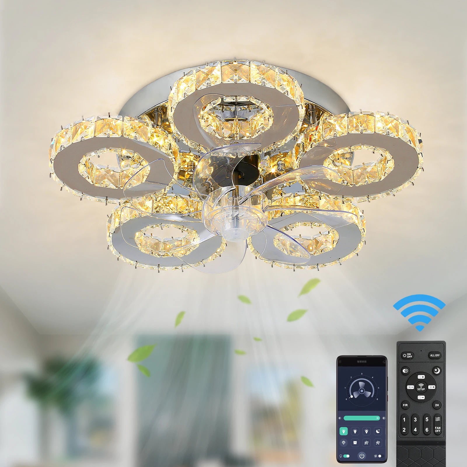 Modern Luxury Crystal ChandelierCeiling Fan Light Led Fan Lamp Smart APP RC