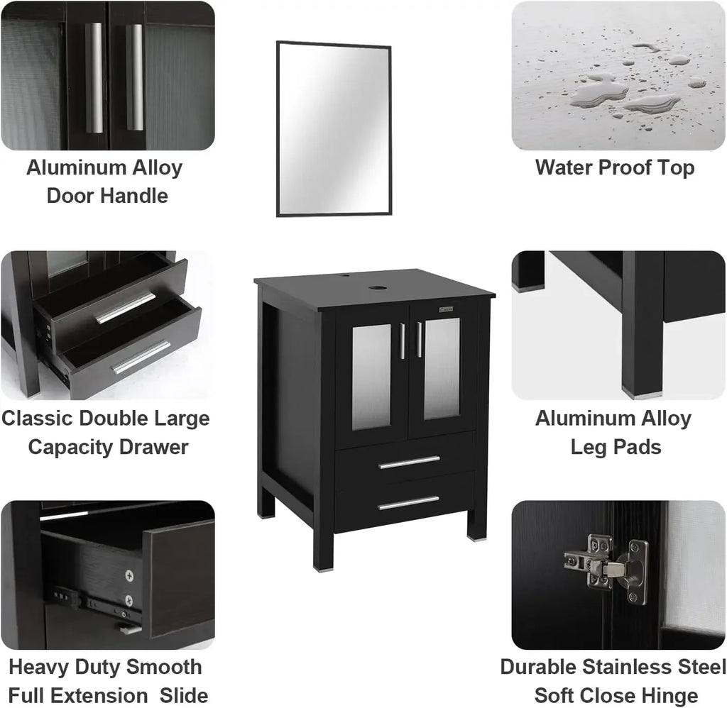 Vanity Sink Combo Black Stand Cabinet with Blue Boat Tempered Glass Vessel Sink w/Faucet