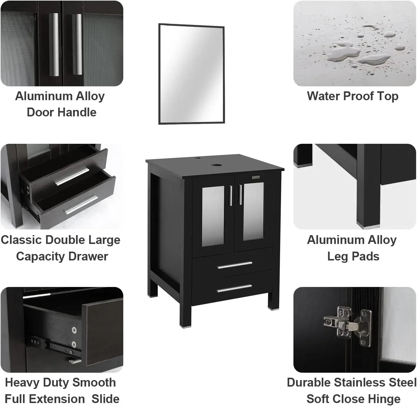 Vanity Sink Combo Black Stand Cabinet with Blue Boat Tempered Glass Vessel Sink w/Faucet