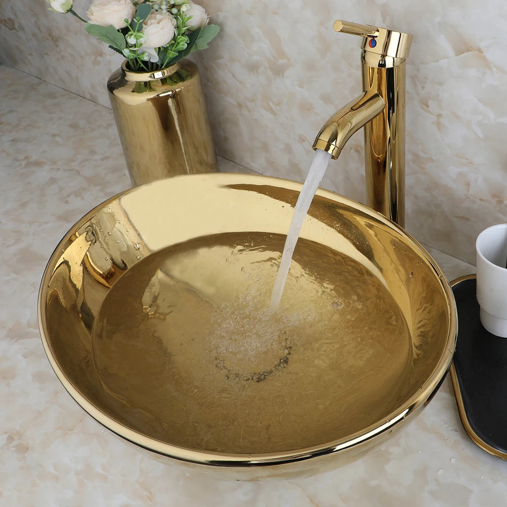 Gold Bathroom Ceramic Sink Bowl With Faucet