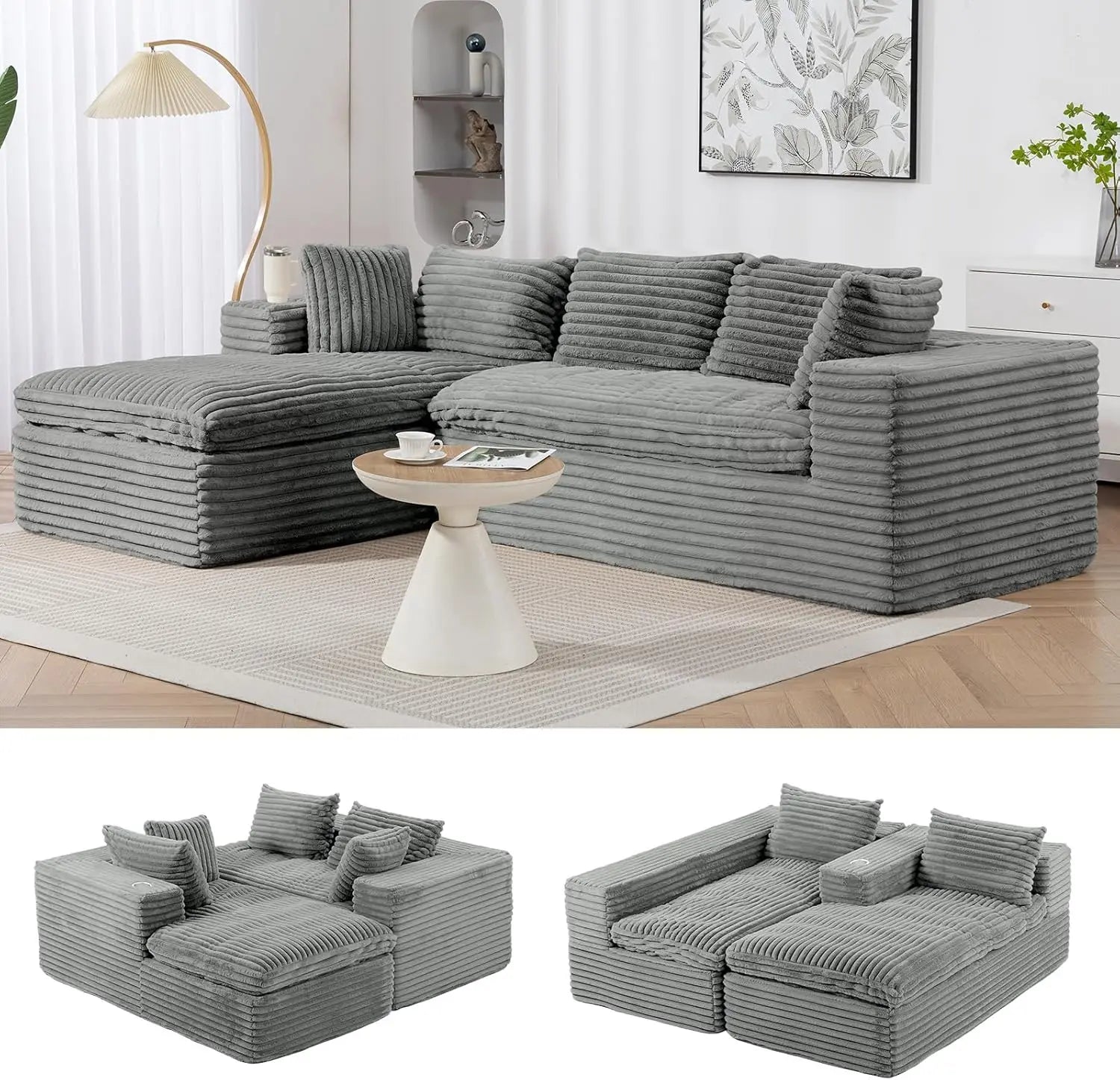 107'' Cloud Modular Sectional Sof,w/Chaise & Cup Holder