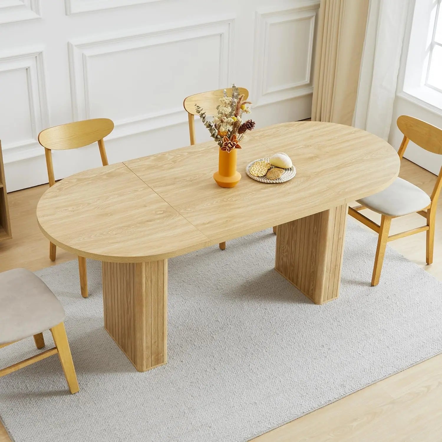 Oval Kitchen Dining Table for 4-6 People with Wood Strip Base