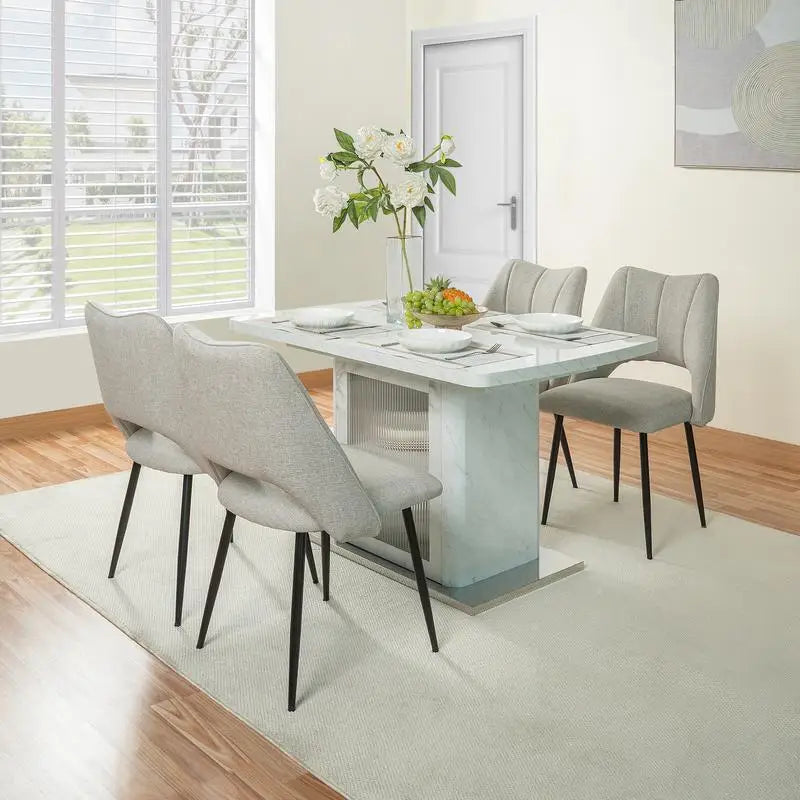 Expandable Square Dining Table with Printed White Marble Top and Storage Cabinet