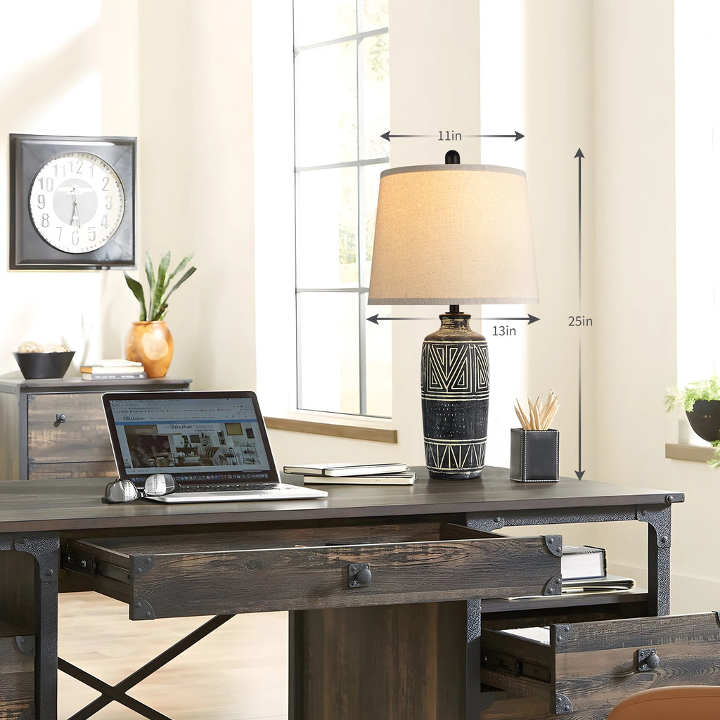 Carved Geometric Ceramic Table Lamp With Linen Shade with Rustic Accent