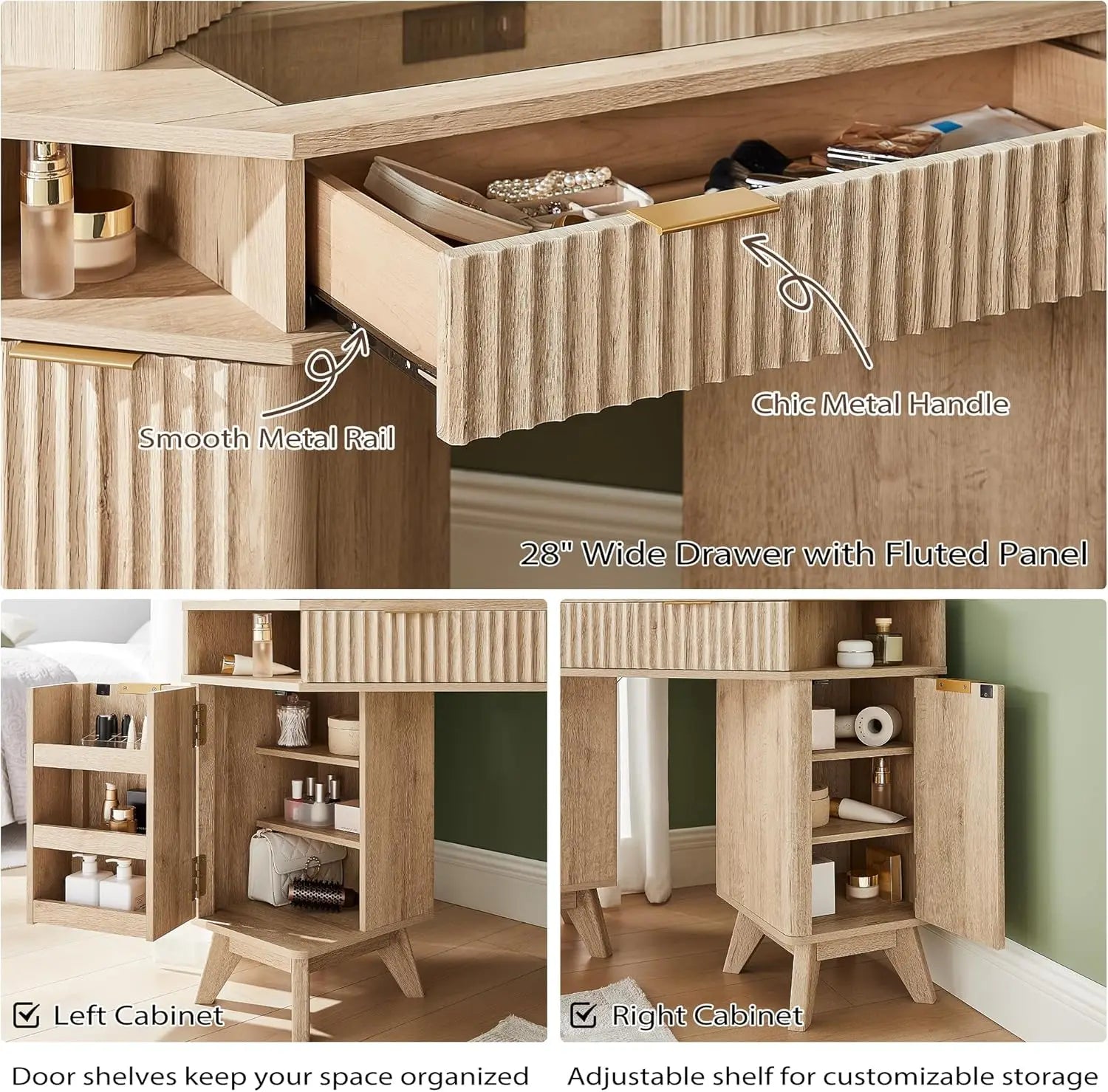 Fluted Makeup Vanity Desk with 3 Way Mirror and Lights