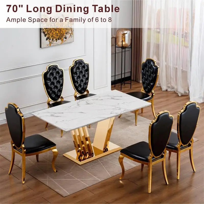 Rectangle Faux Marble Dining Table for 6 with Mirrored Stainless Steel Base