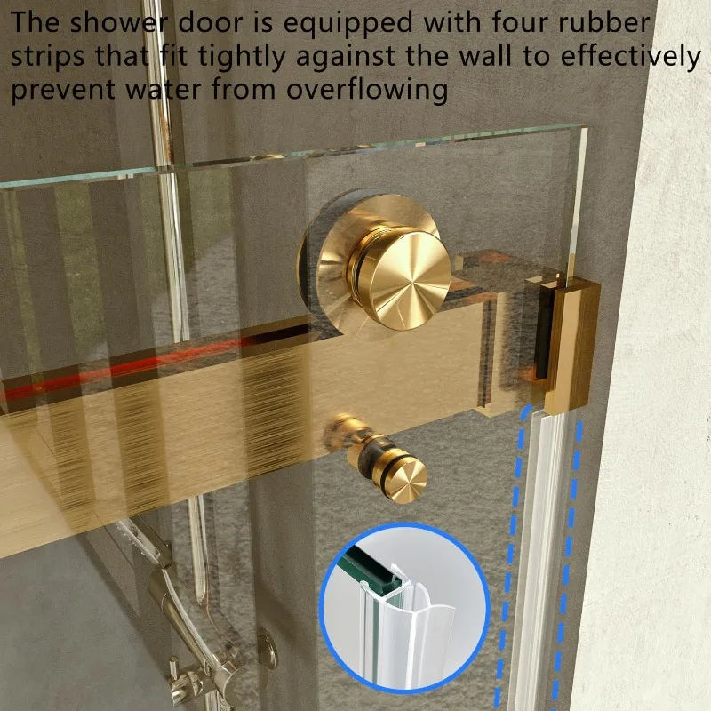 Brushed Gold Shower Door Frameless, 50-54" W Towel Bar/10mm Clear Glass