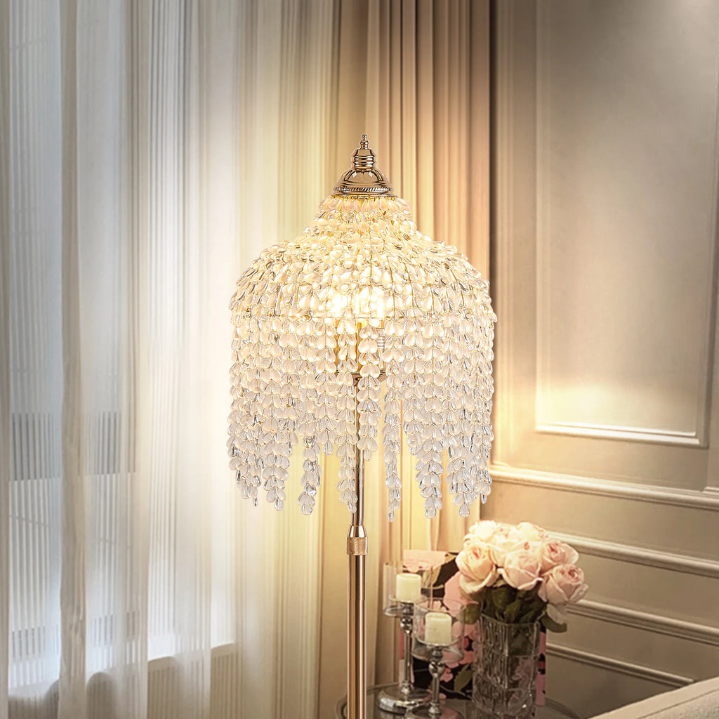 Light Gold Crystal Floor Lamp with Grape Shaped Crystal Bead String
