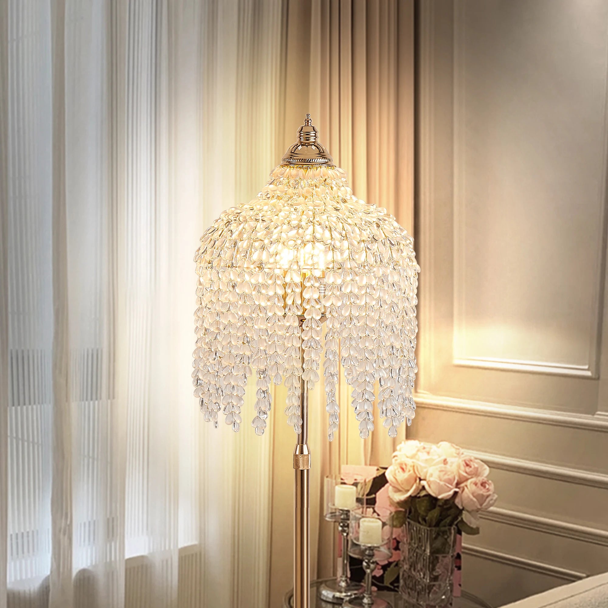 Light Gold Crystal Floor Lamp with Grape Shaped Crystal Bead String