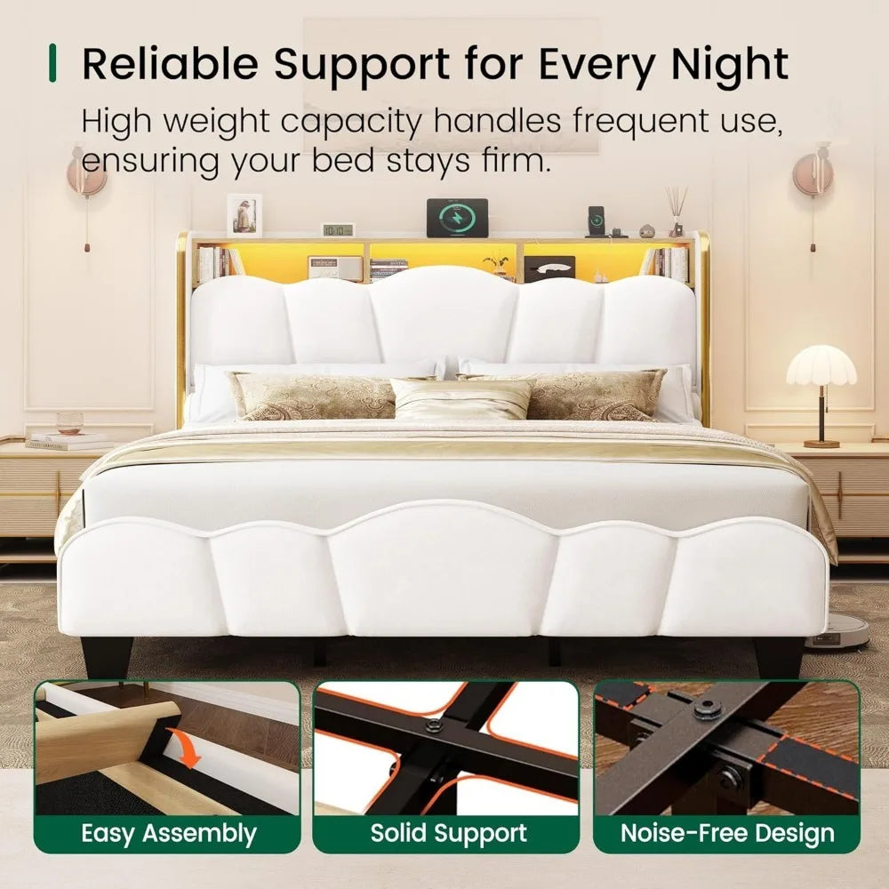 Velvet Upholstered  Bed Frame with LED Lights and Charging Station