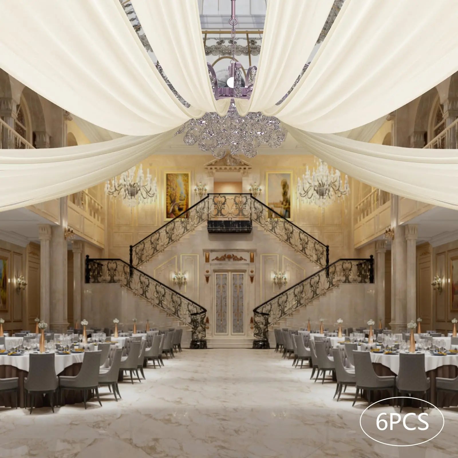 6 Panels Beige Ceiling Drapes, 5 ft X 30 ft Chiffon Draping