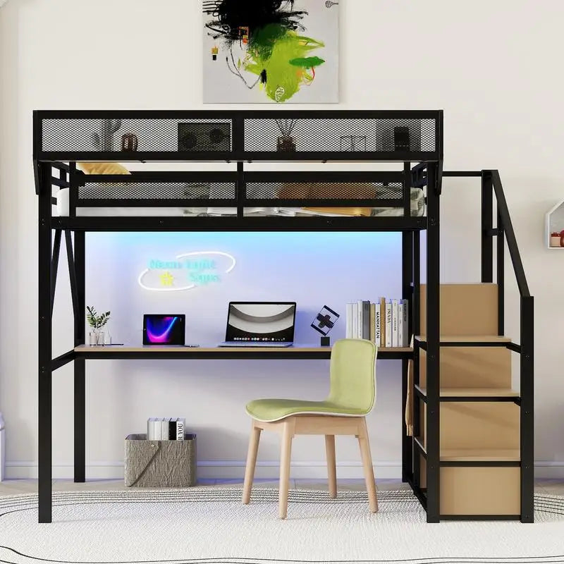 Full Size Metal Loft Bed with Stairs